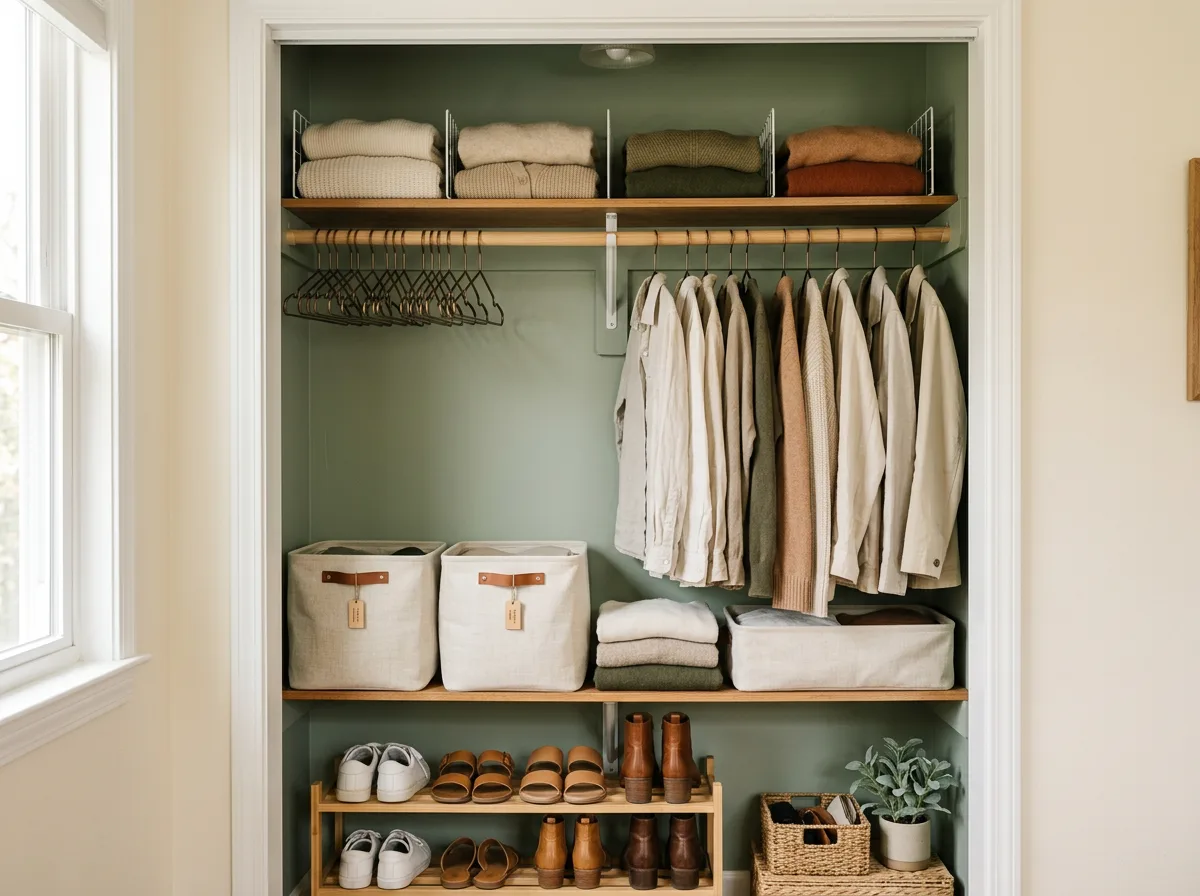 Small closet with shelf dividers, bins, shoe rack, and matching hangers