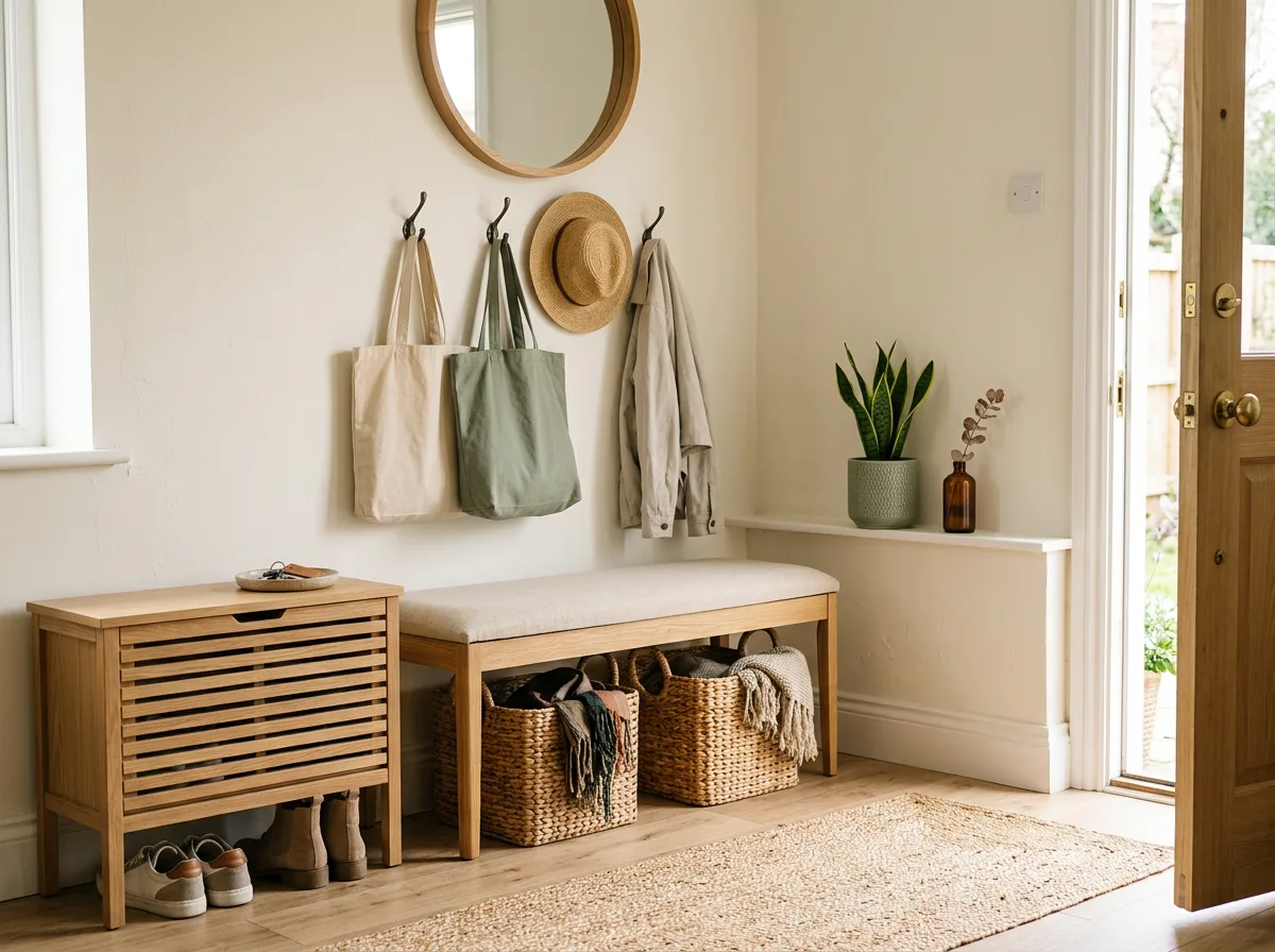 Entryway bench with baskets, wall hooks, tote bags, and shoe storage