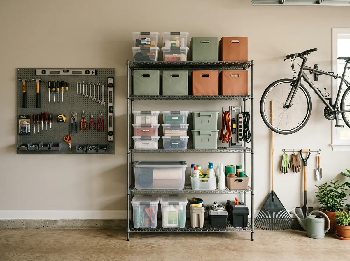 Garage shelving unit with totes, tools, bike hooks, and garden supplies