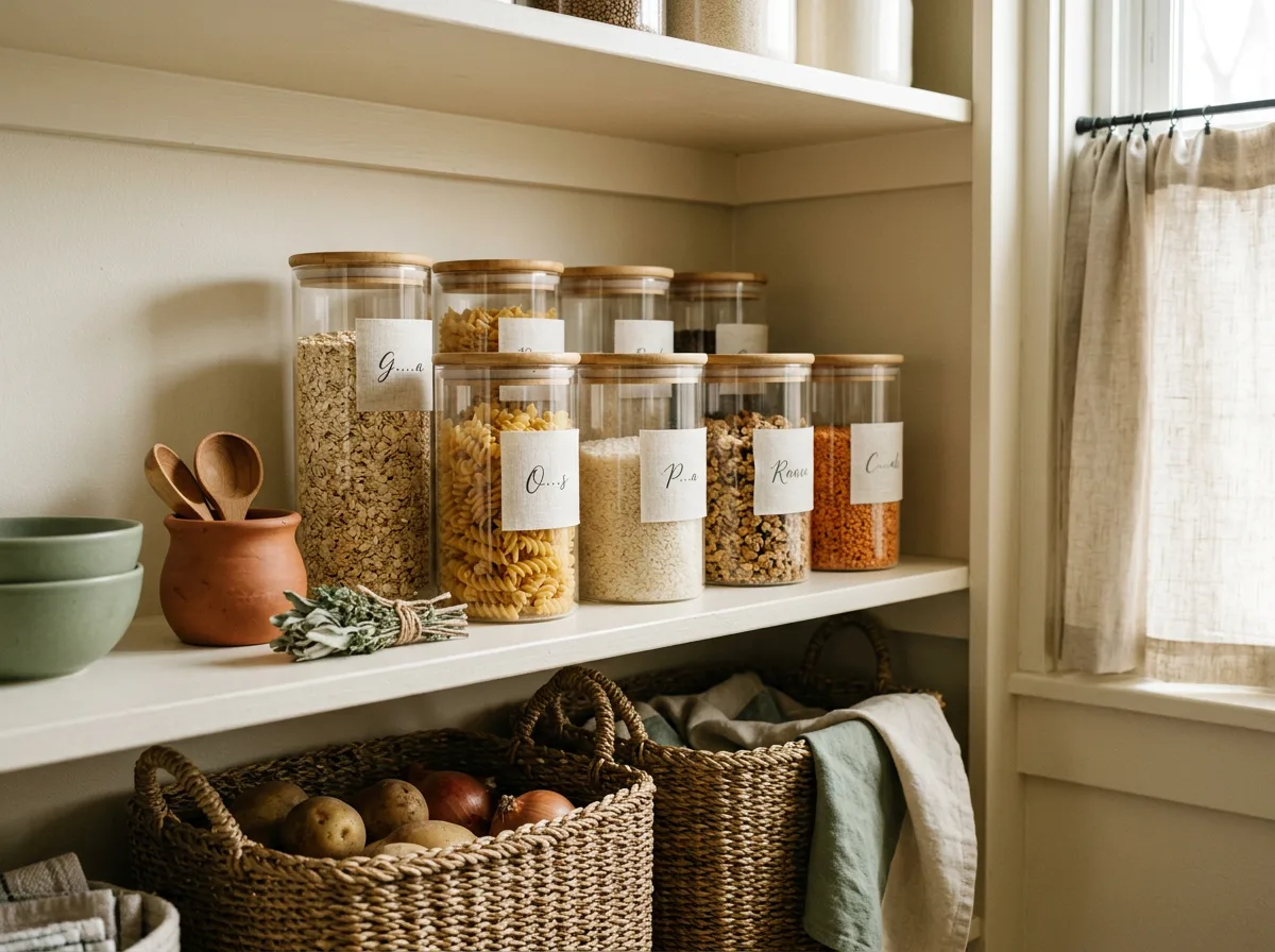 Clear pantry canisters with bamboo lids on a pantry shelf