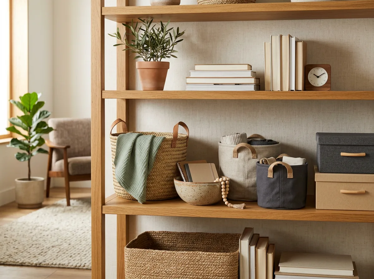 Woven baskets, fabric bins, and lidded storage boxes arranged on a warm living room shelf