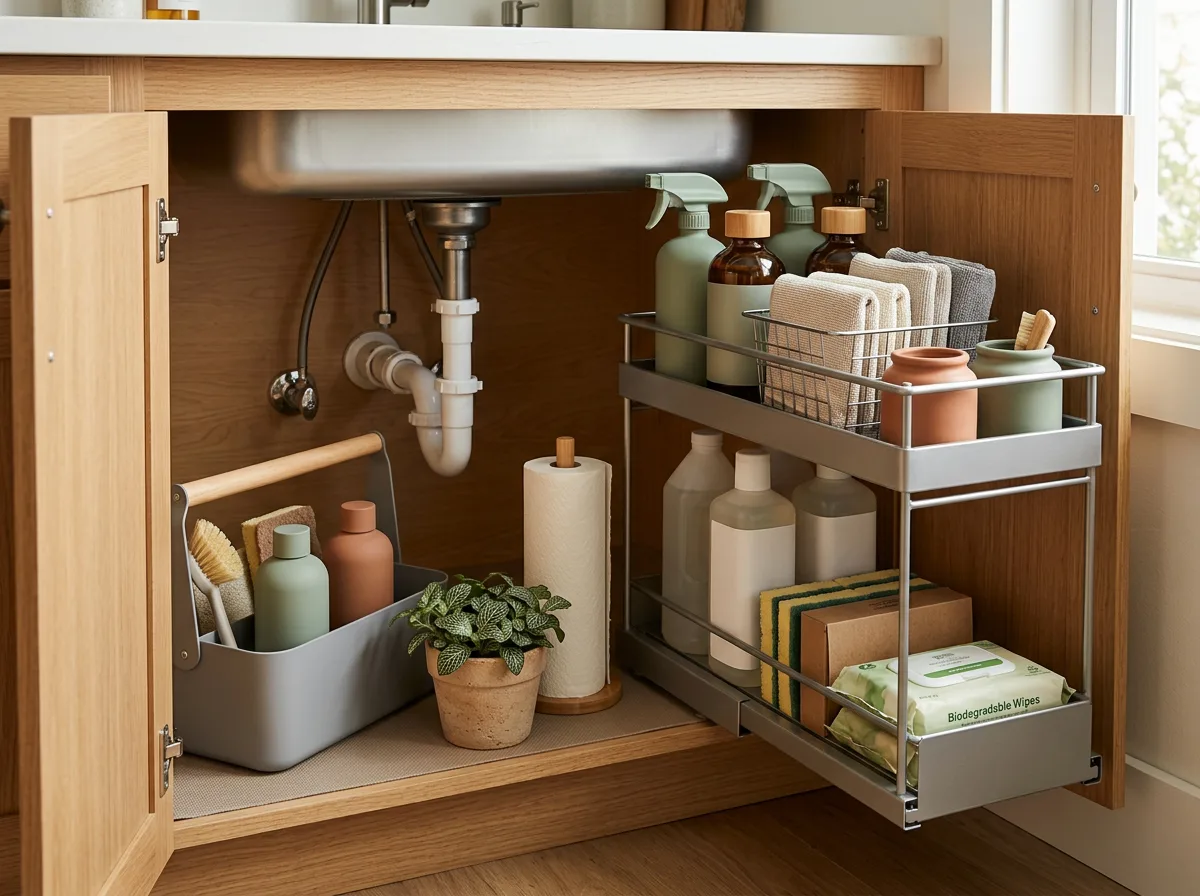 Two-tier under-sink organizer with cleaning supplies and cloths